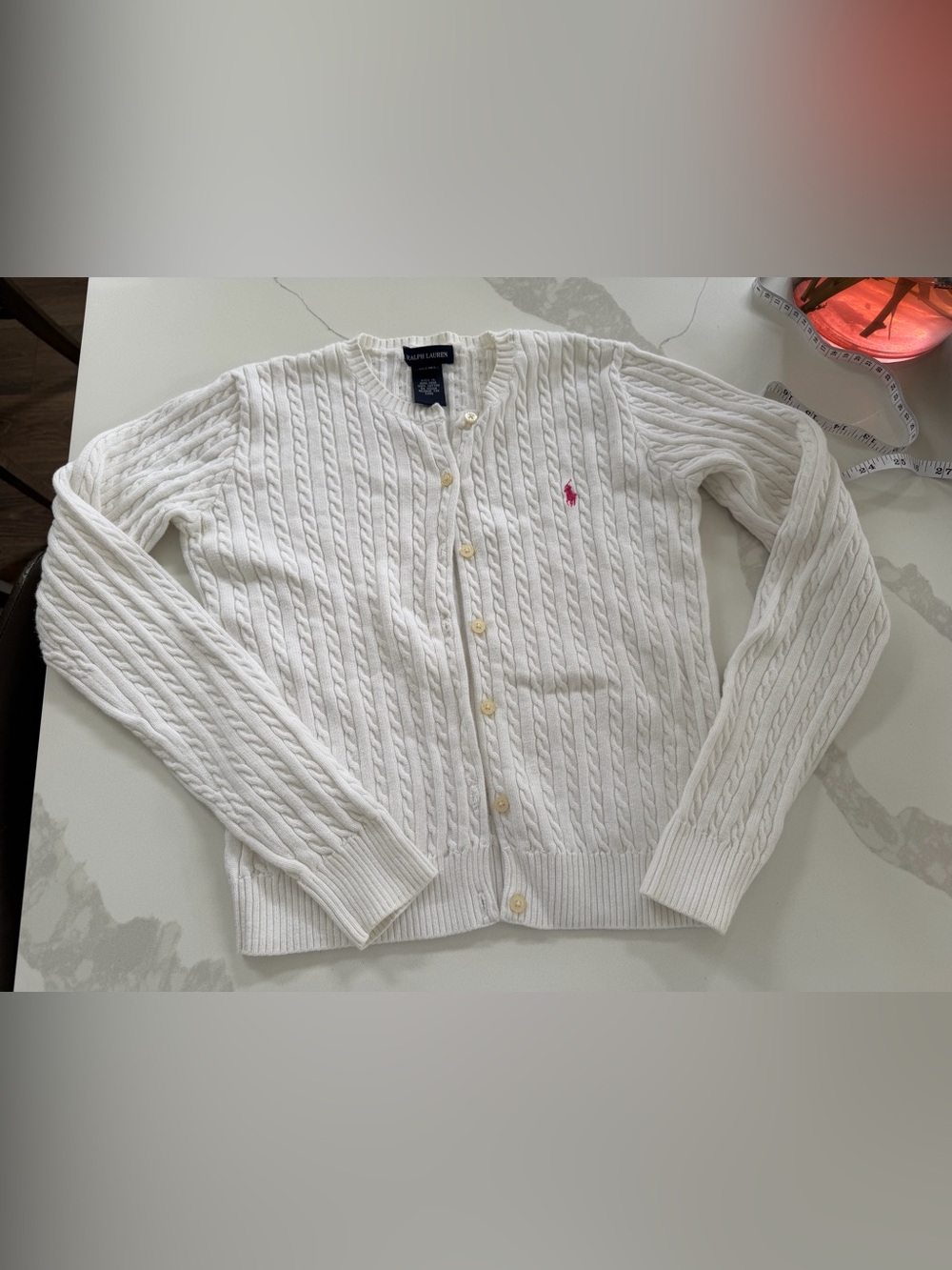 Ralph Lauren Girls White Cable Knit Cardigan Sweater 100% Cotton Size XL 16